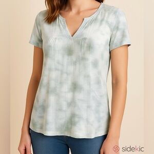 Knox Rose Green White Tie Dye Short Sleeve Lace Panel Casual Top Size Small